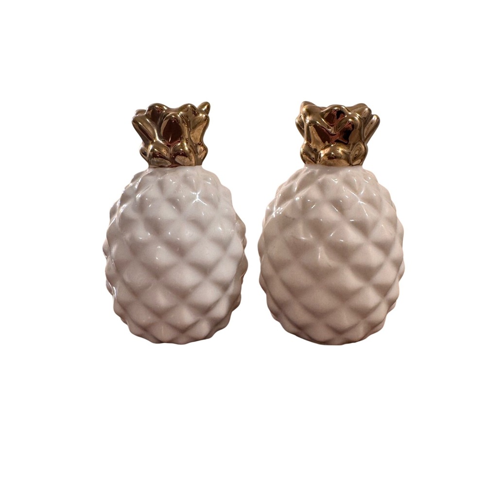 White Ceramic Pineapple Salt Pepper Shakers Gold Top Kitchen Hawaii Coastal